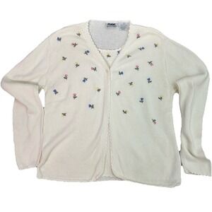Vintage Northern Reflections Cardigan Sweater White Large‎ Floral Embroidery 90s